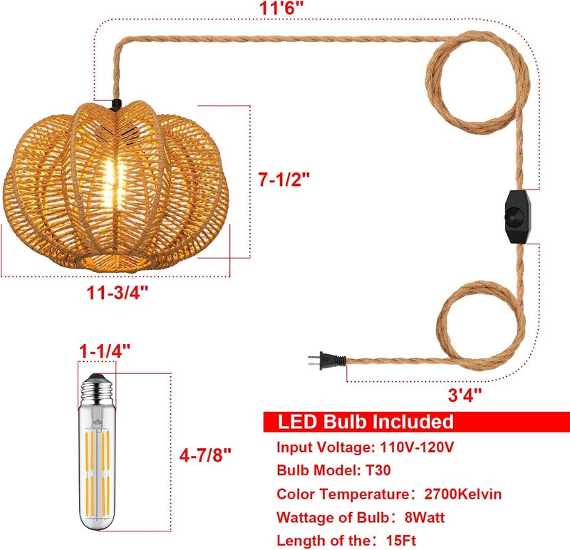 tebio Plug in Pendant Light Rattan Hanging Lights with Plug in Cord 15FT Hemp Rope Cord, Dimmable Switch – Indoor Hanging Lamps for Boho Living Room Bedroom（Bulb Included） 11 x 7 inch - Image 2